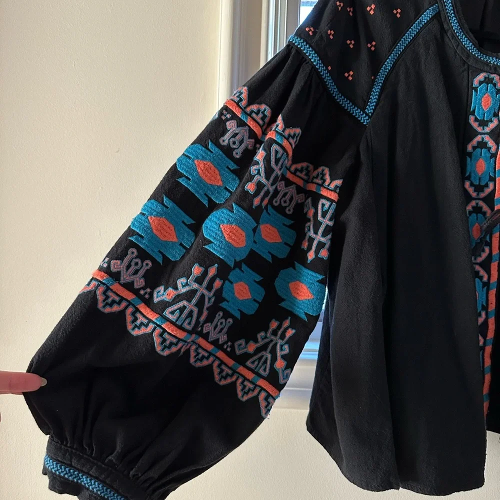 FREE PEOPLE Embroidered Swing Jacket (Black, blue & orange graphic) size Medium - Picture 8 of 15